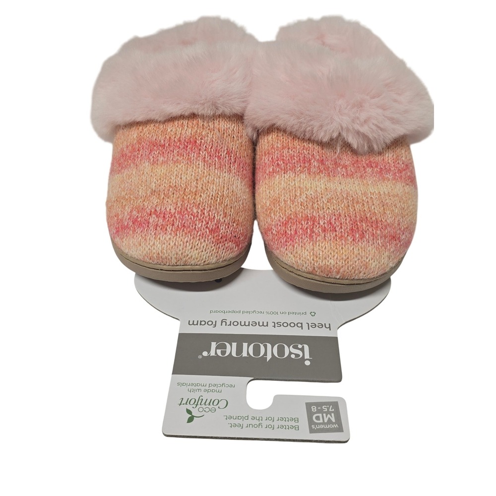 Isotoner Women Eco Comfort Slippers Pink Knit Faux Fur Memory Foam 7.5-8 M NWT